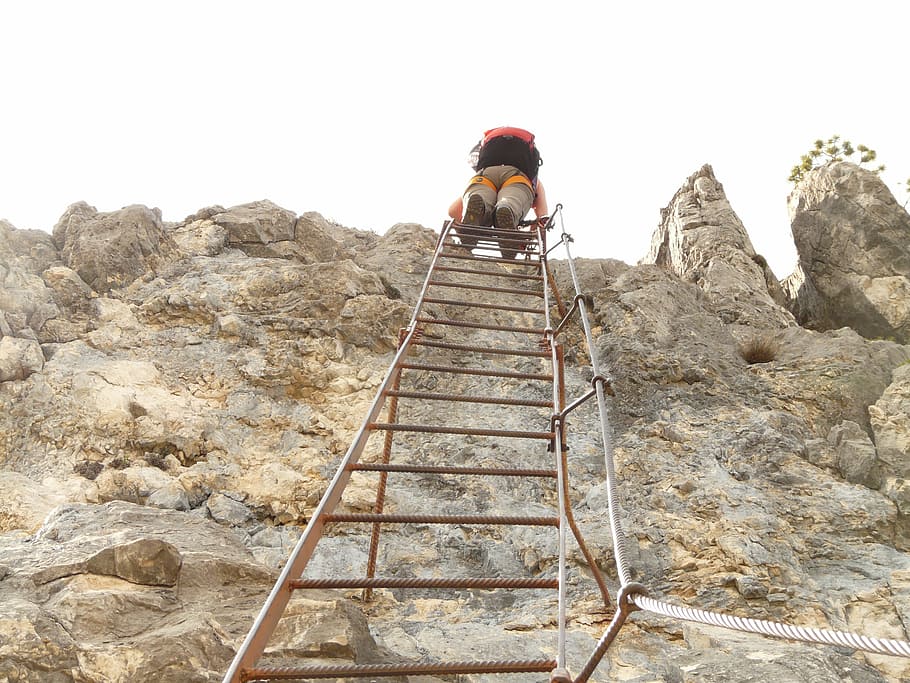 man, climbing, ladder, via dell'amicizia, steep, exposed, perpendicular, climbing platform system, head, backup
