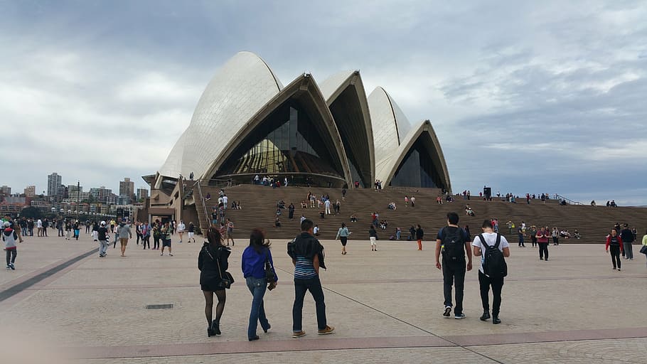 gedung opera, sydney, australia, arsitektur, cuaca mendung, bangunan, tempat terkenal, orang-orang, kerumunan, kota
