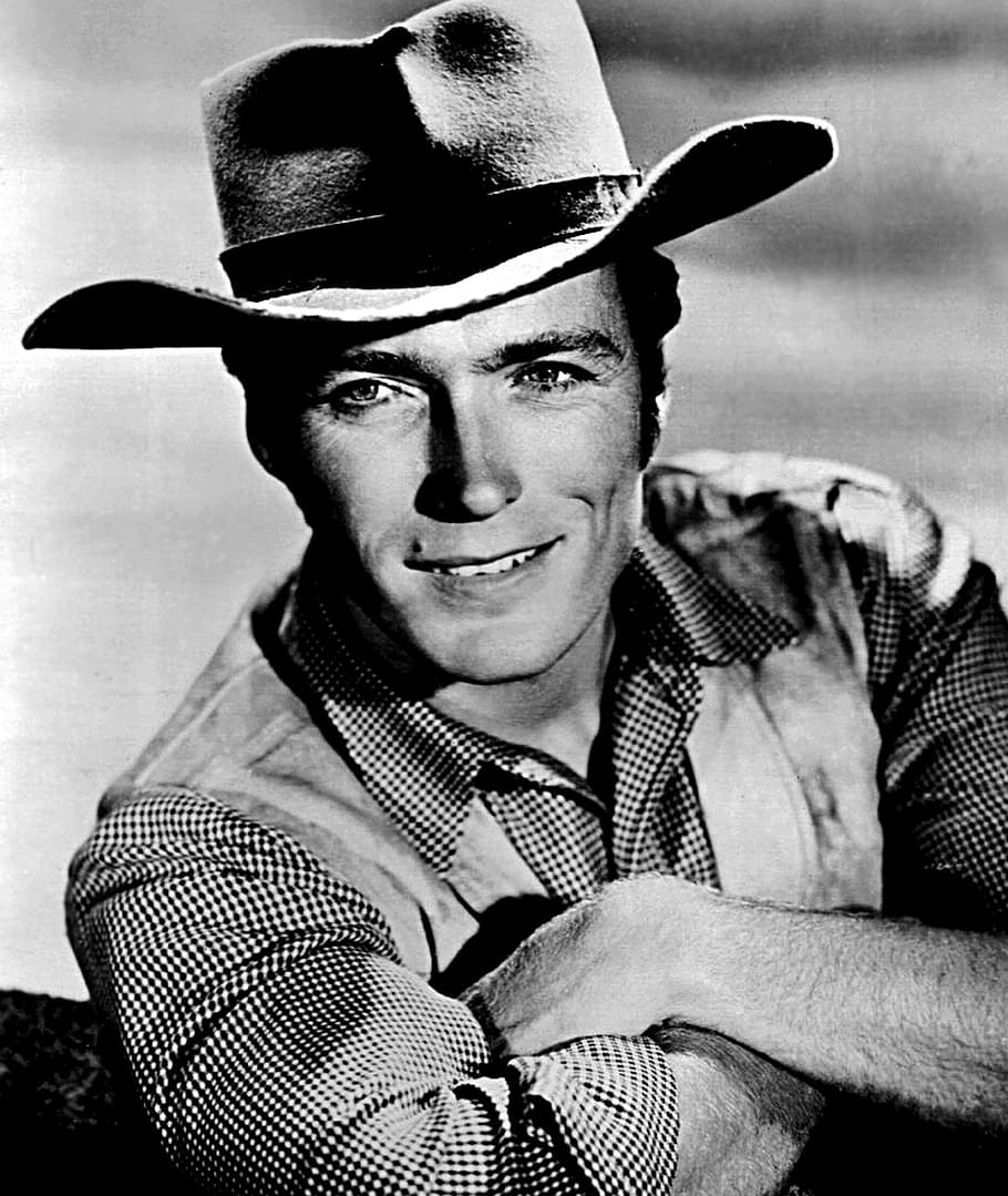 Foto de retrato, hombre, vistiendo, sombrero, camisa deportiva, Clint Eastwood, estrella, publicidad, cuero crudo, televisión