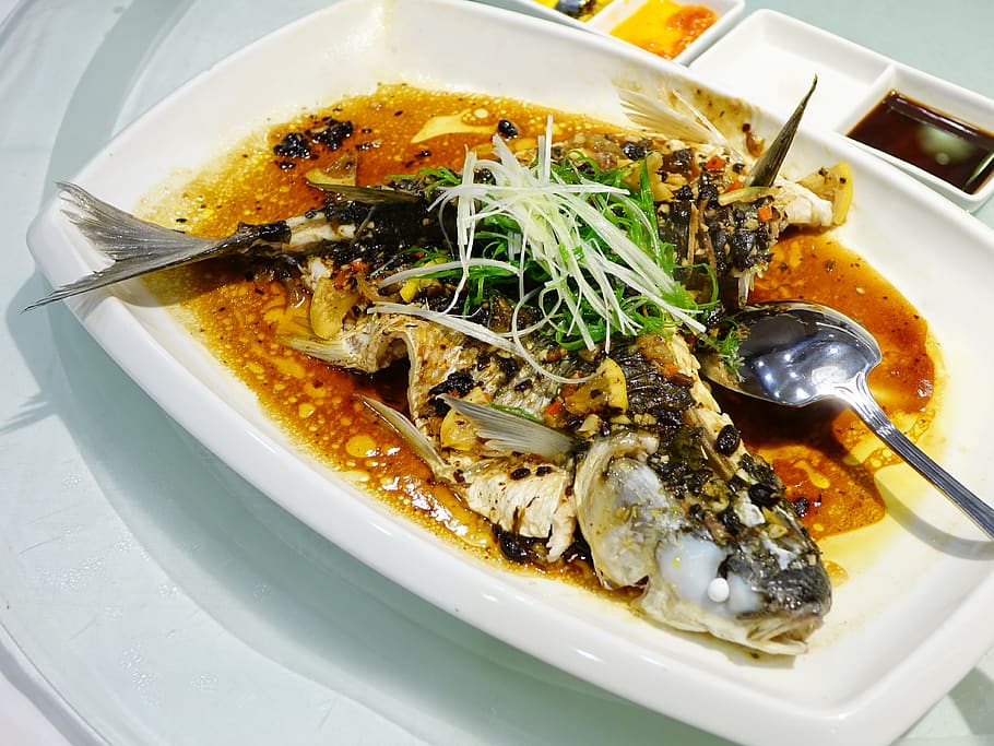 fish, steamed, seafood, dark sauce, meal, cuisine, black soya bean, restaurant, asian, delicious