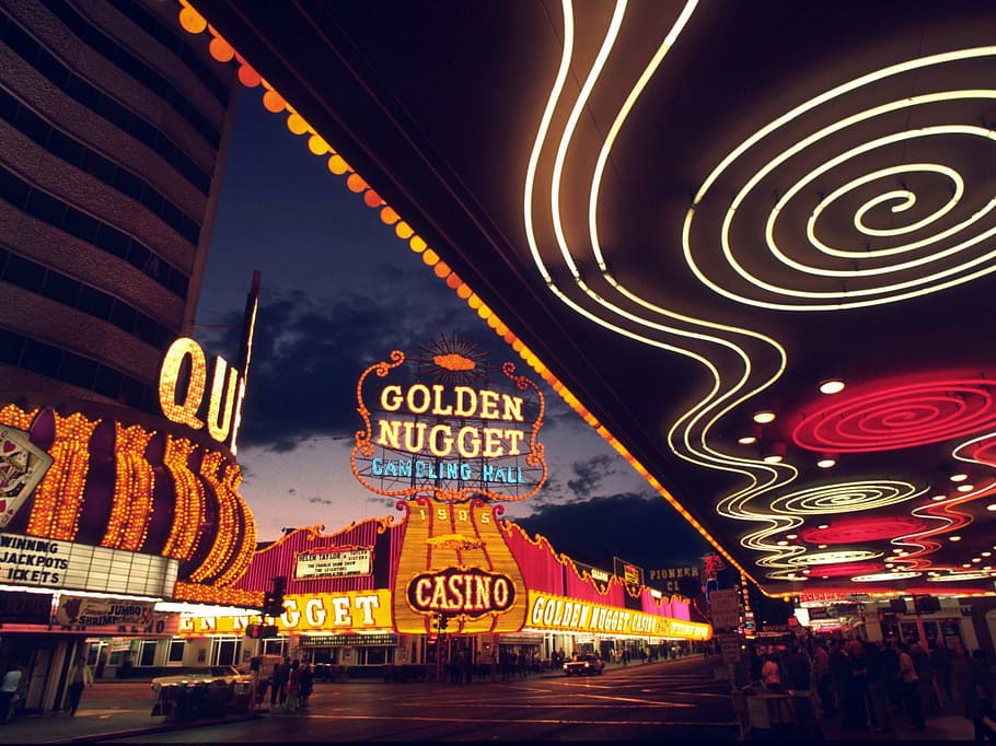 golden, nugget casino sign, night time, las vegas, game casino, gambling, evening, neon sign, night, sign