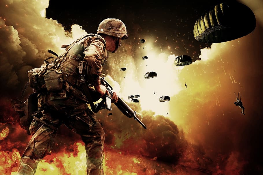 soldier illustration, war, soldiers, warrior, paratroopers, explosion, guns, army, fire, weapons