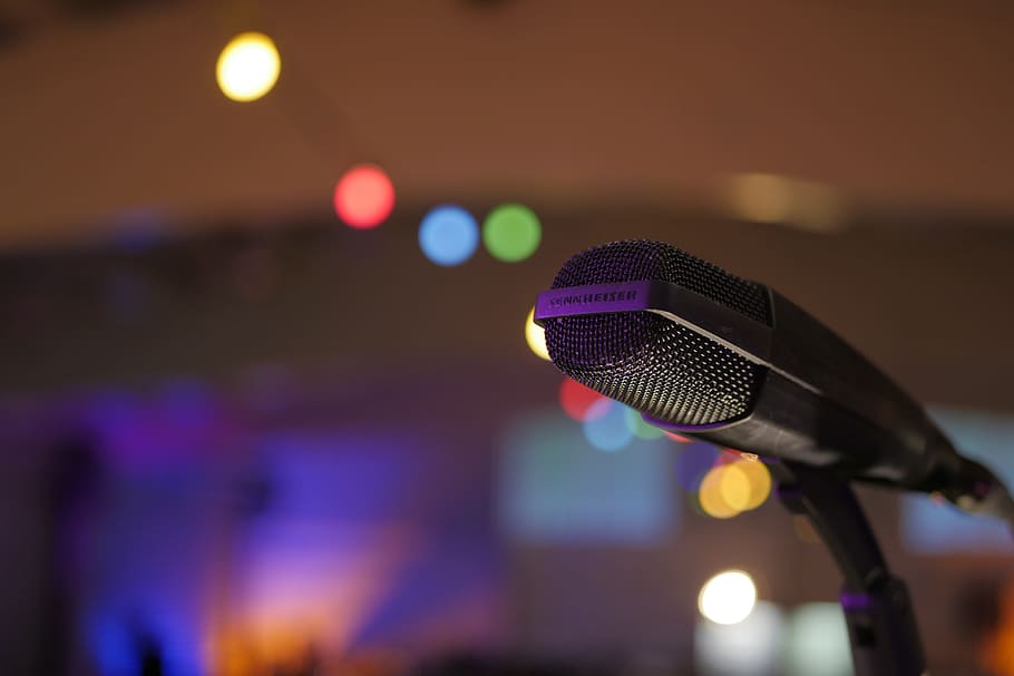 black, condenser microphone, bokeh light, microphone, garland, concert, singing, music, live, micro