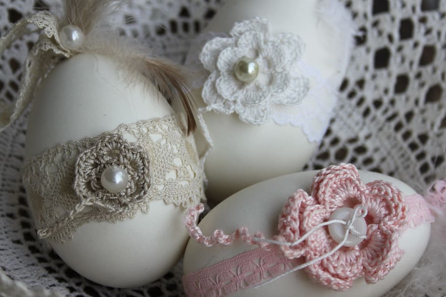 three, white, eggs, knitted, straps, easter eggs, decorating, old side, gem, decoration