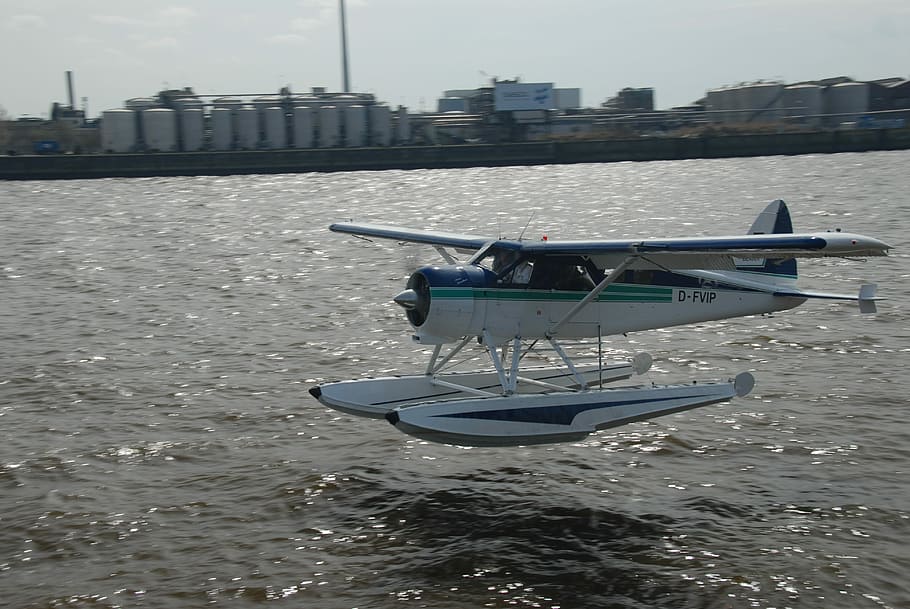 Hamburg, Port, Seaplane, Landing, Elbe, water, aircraft, beaver, transportation, nautical vessel