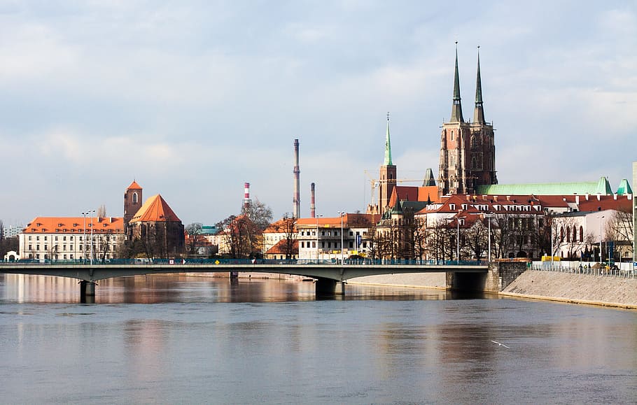 Foto, marrón, verde, iglesia, al lado, Wroclaw, río, puente, Polonia, arquitectura