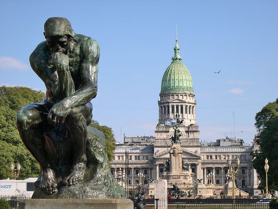 depan, kongres, Rodin, Thinker, Buenos Aires, Argentina, foto, pemerintah, domain publik, scultpure