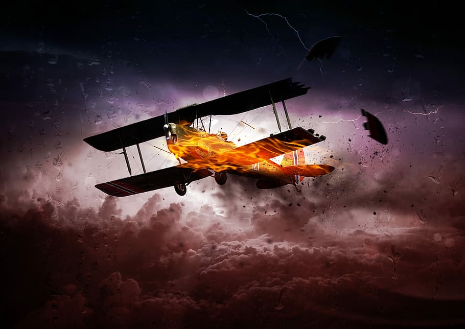 burning, biplane, white, brown, clouds, digital, wallpaper, Aircraft, Propeller, Propeller Plane, aircraft
