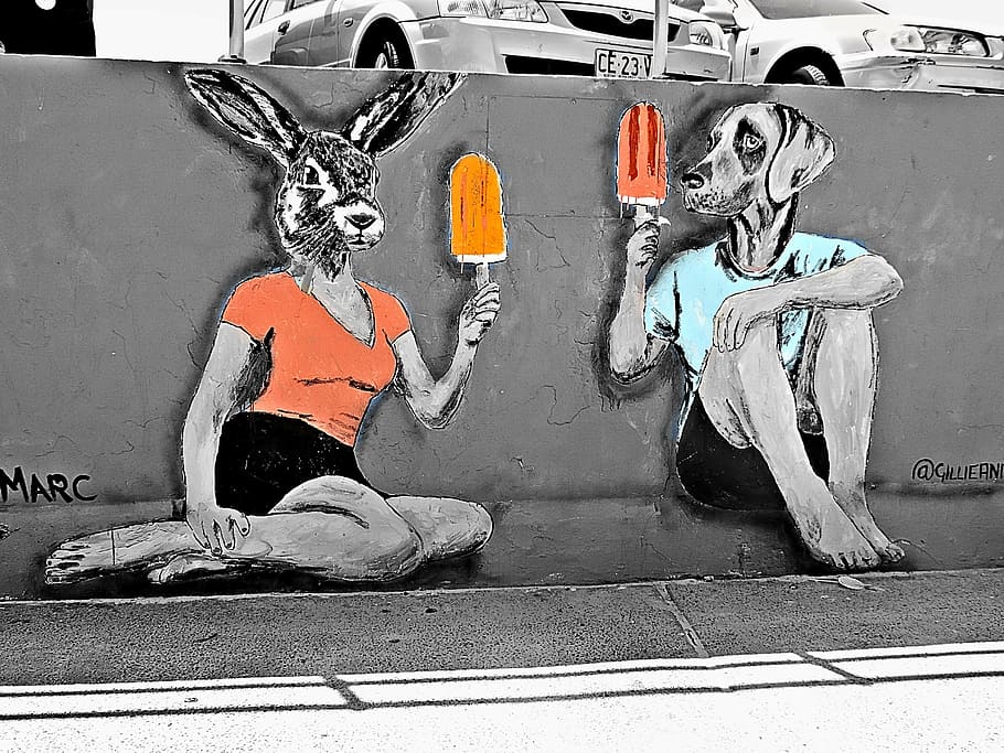 selective, focus photo, mural, portraying, rabbit, dog, sitting, holding, ice, pops