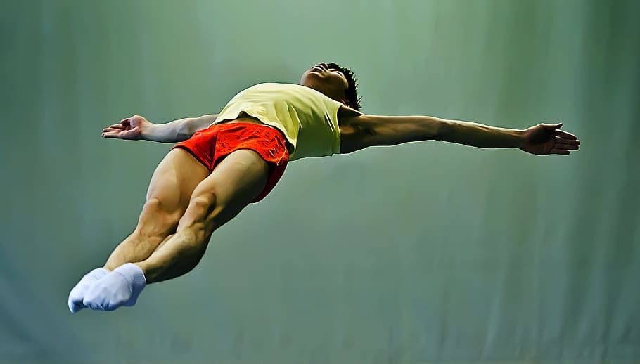 Volts, Chinese, mighty, full length, mid-air, jumping, motion, colored background, studio shot, sport