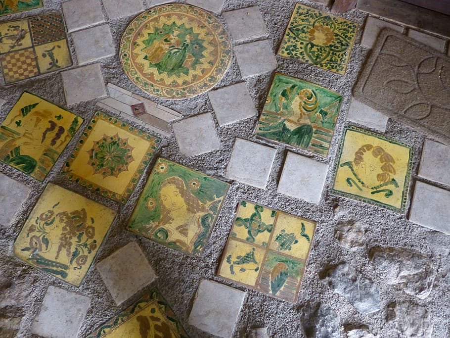 mosaic, flow, tile, medieval, village, canale di tenno, tenno, italy, pattern, indoors