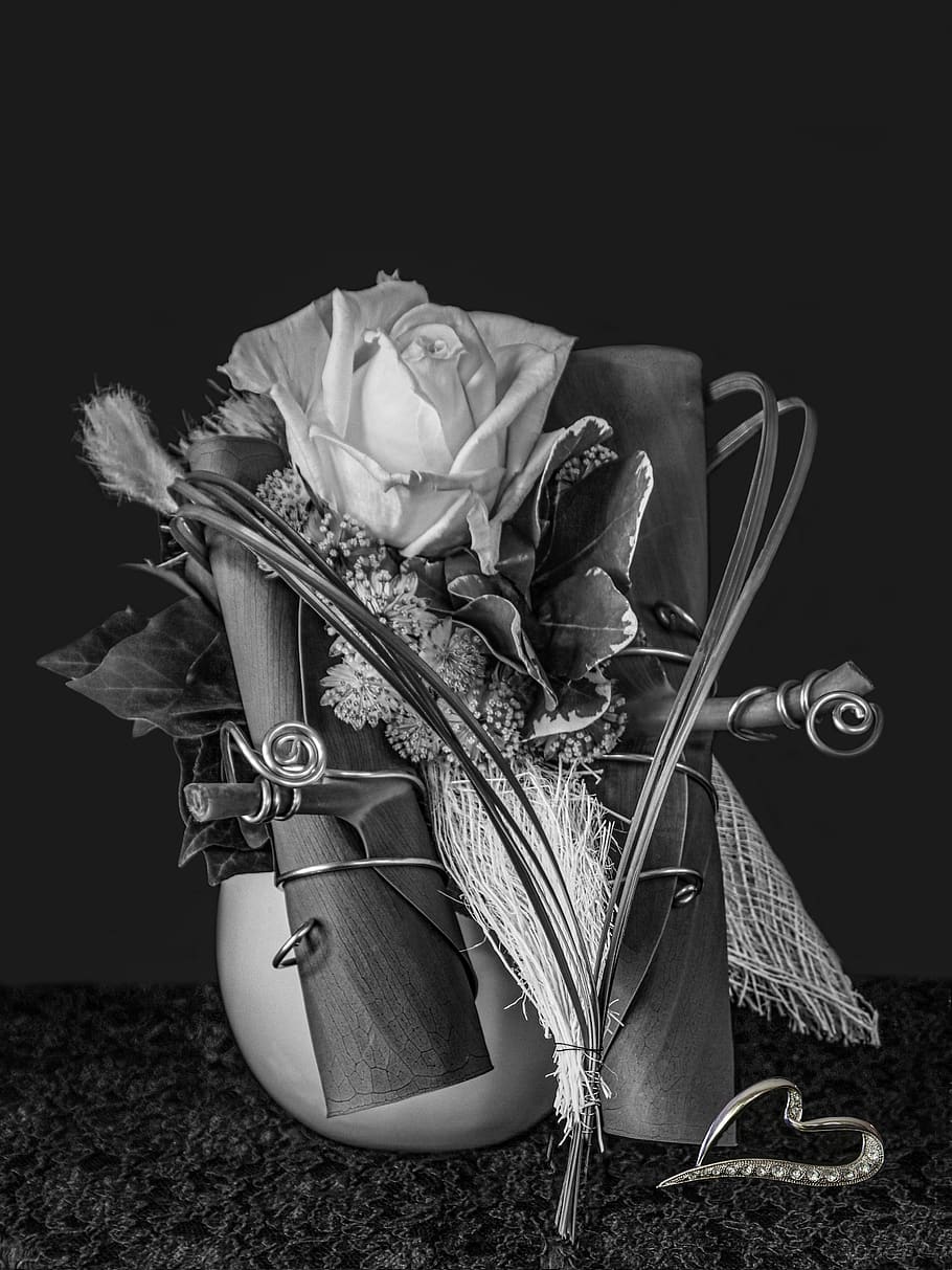arreglo de rosas, blanco y negro, corazón, florero, simpatía, tarjeta de felicitación, trauerkarte, motivo floral, mantel de encaje, creativo