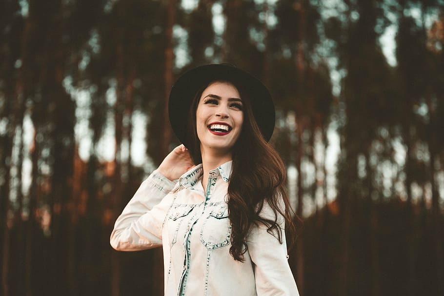 smiling, woman, wearing, white, denim jacket, selective, focus photography, people, girl, alone