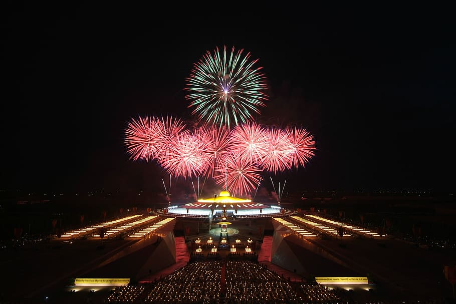 fireworks, phra dhammakaya, temple, buddhism, dhammakaya pagoda, thailand, wat, celebration, festival, night