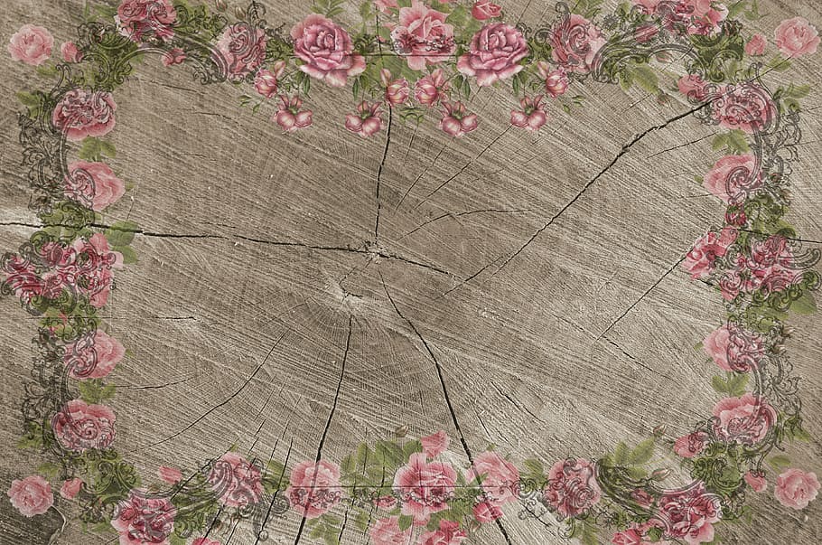pink, green, roses, painted, wood slab, on wood, vintage, shabby chic, country house, tree rings