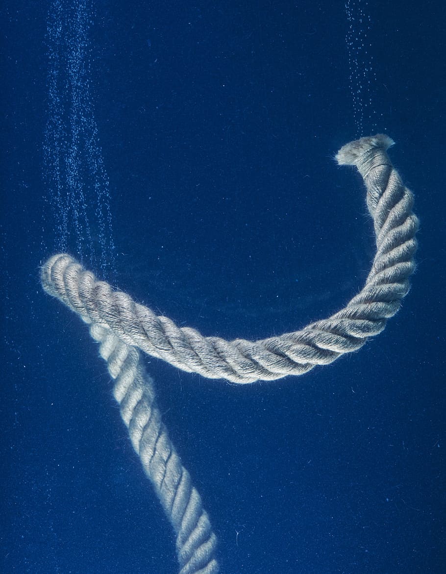 gray rope underwater, rope, water, solid, conceptual, thoughts, idea, connect, drowning, blue