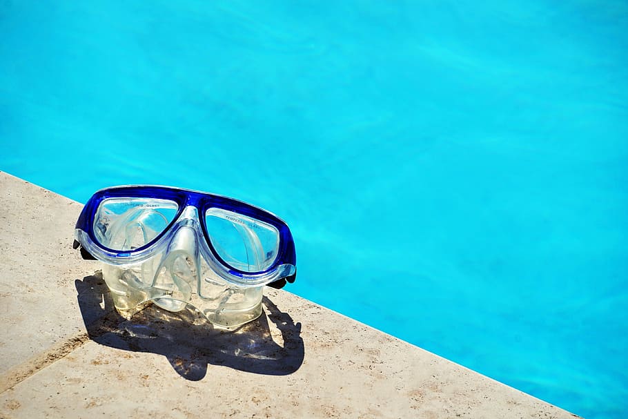 white, black, water goggles, blue, framed, snorkeling, goggles, swimming, pool, water