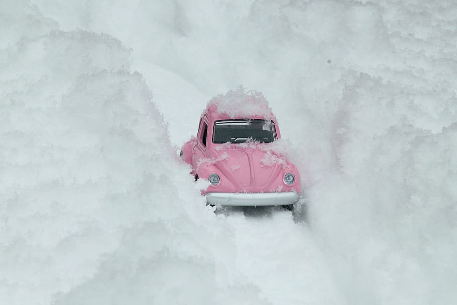 pink, volkswagen beetle scale model, snow, bug, vw, car, snowy road, winter, model, heavy snow