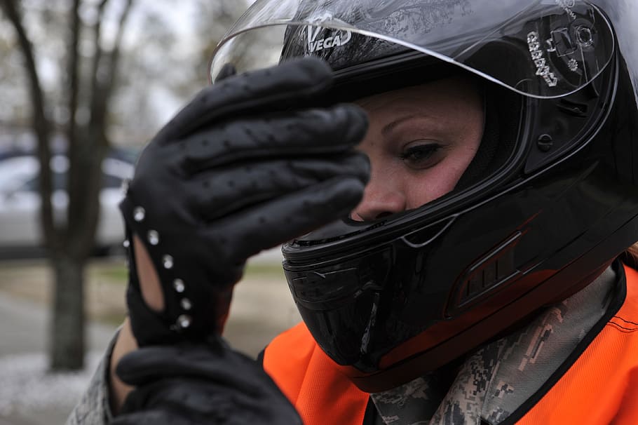 motorcyclist, helmet, gloves, biker, rider, jacket, female, clothing, one person, headshot