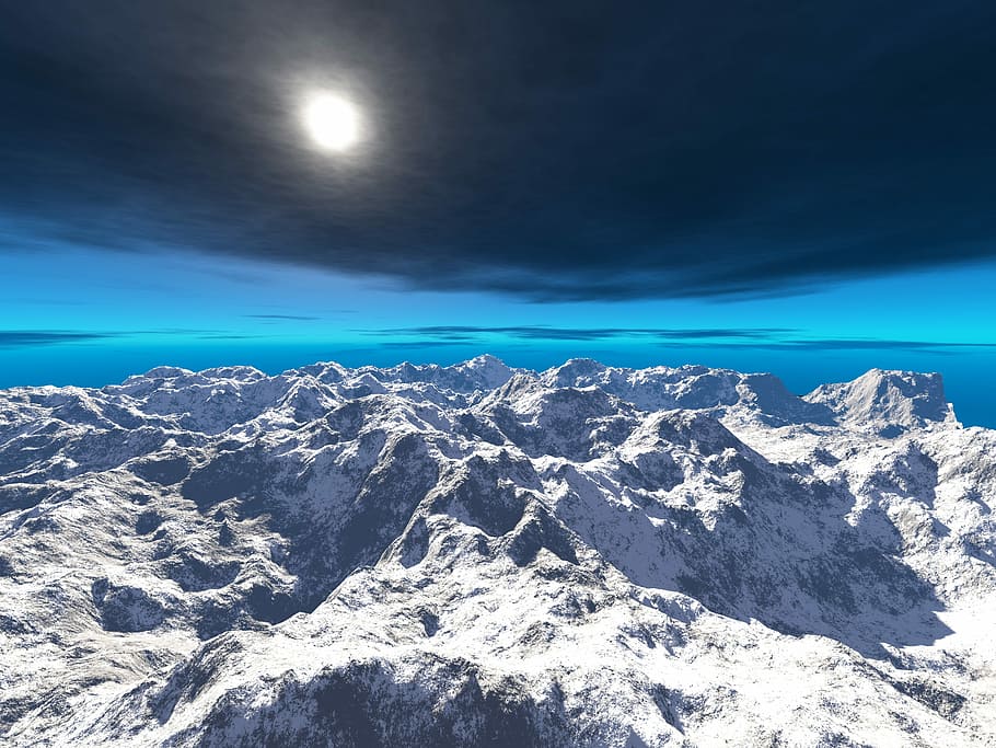 snow-covered mountain, nature, sky, outdoors, panoramic, mountain, blue sky, sun, planet, universe
