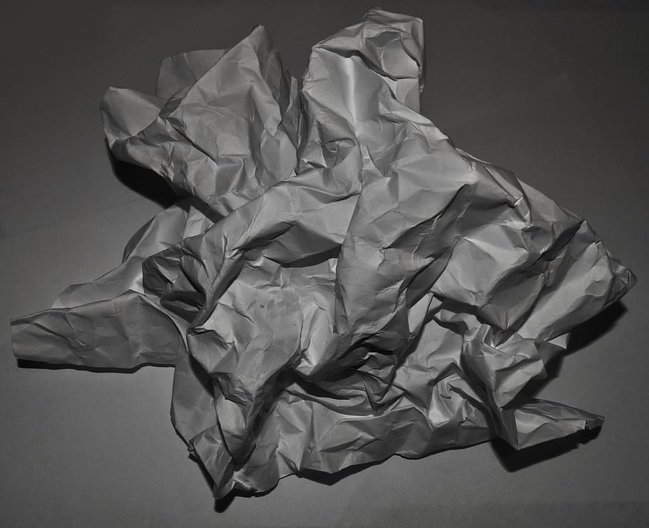 Paper, Format, wrinkled, studio shot, gray background, crumpled, crumpled paper, colored background, indoors, gray