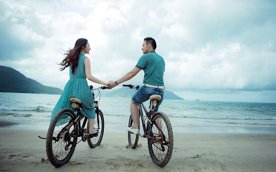 man, woman, riding, bicycle, seashore, couple, beach, love, holiday, summer
