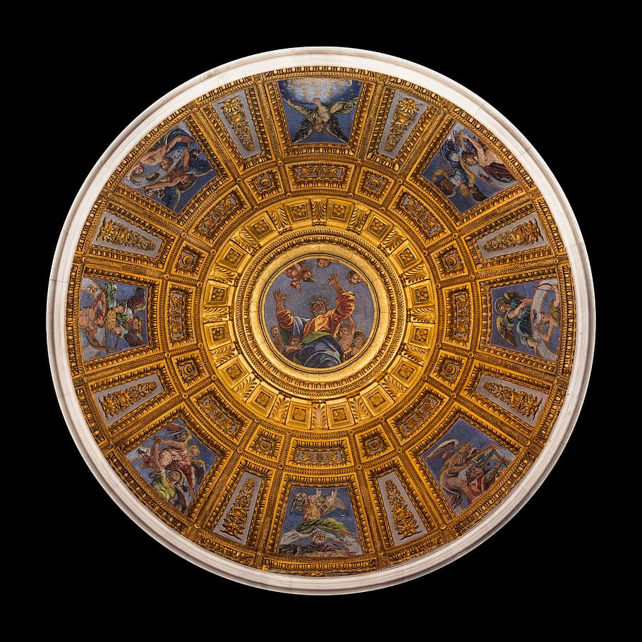 round, brown, white, ceiling art, dome, santa maria del popolo, mosaics, inside, church, rome