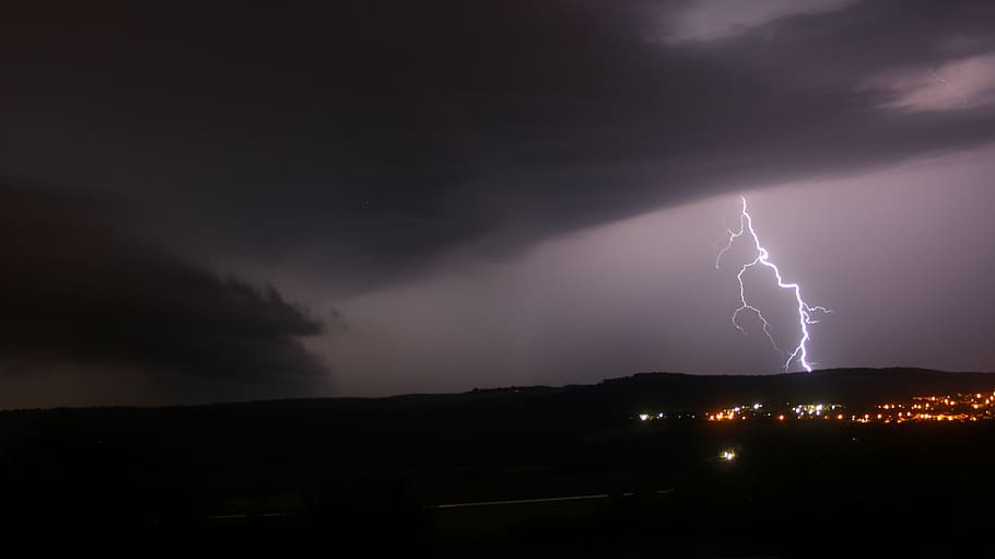lightning strike, night, thunderstorm, storm, clouds, sky, rain, forward, threatening, weather
