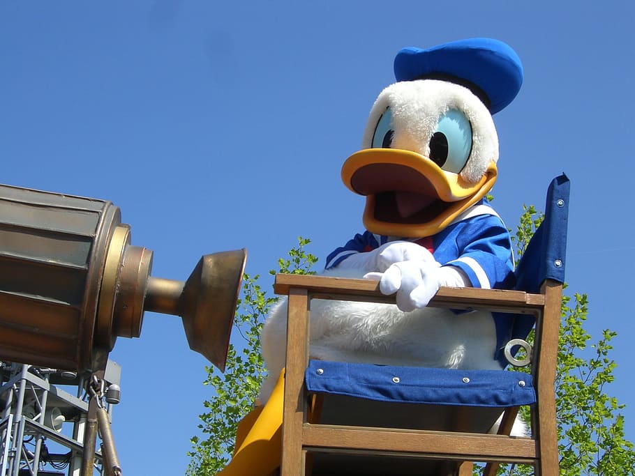 mascote pato donald, Disneyland, Paris, Disneyland Paris, tema, desfile, desfile da Disney, pato Donald, céu, azul