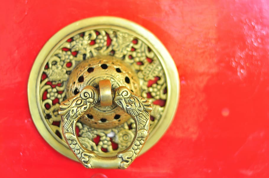 tibete, maçaneta da porta, mosteiro, aldrava de porta, maçaneta, vermelho, ásia, cultura chinesa, culturas, close-up