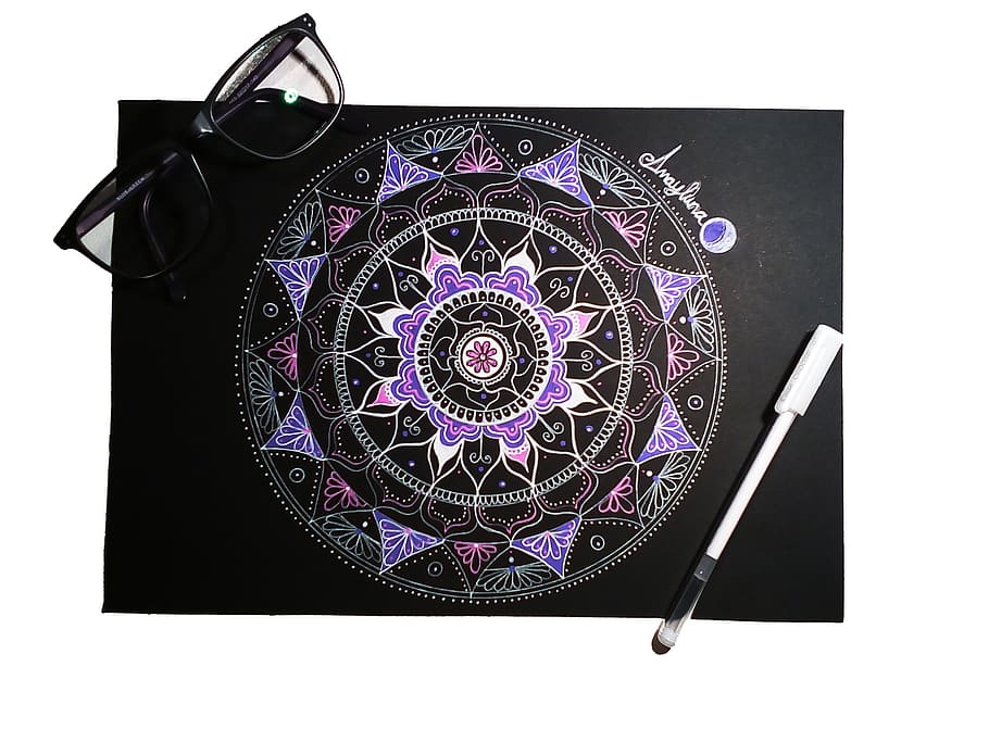 mandala, art, painting, pattern, white background, indoors, purple, design, still life, studio shot