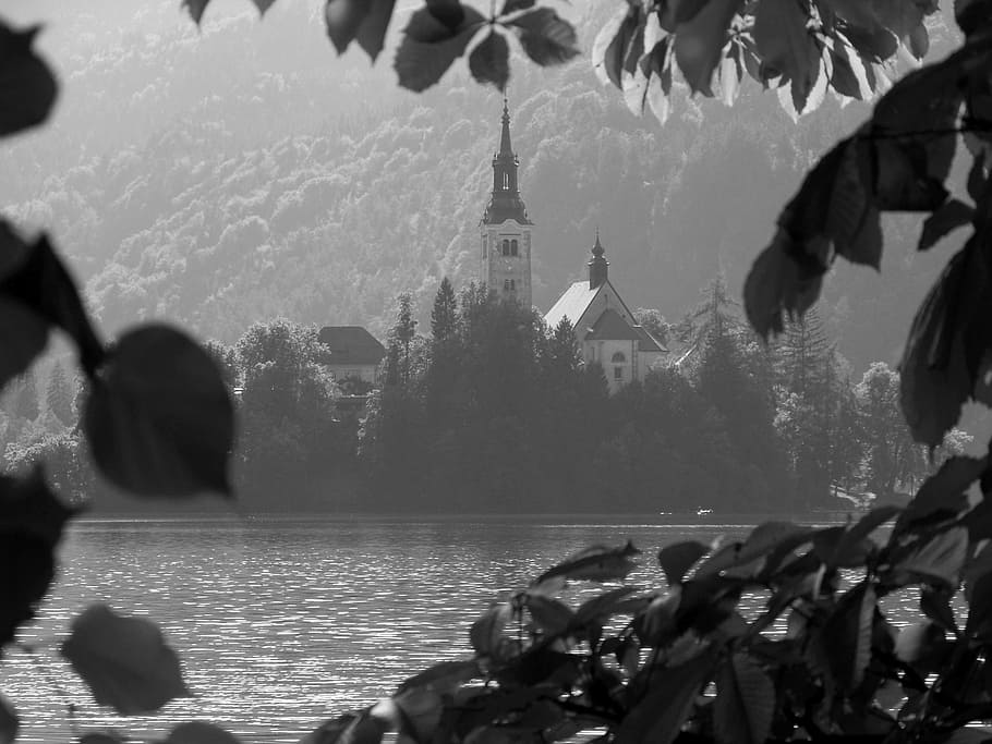 Kapel, Pulau, Perspektif, alpine hiking, karawanken, lake bled, slovenia, monochrome, hitam dan putih, skala abu-abu
