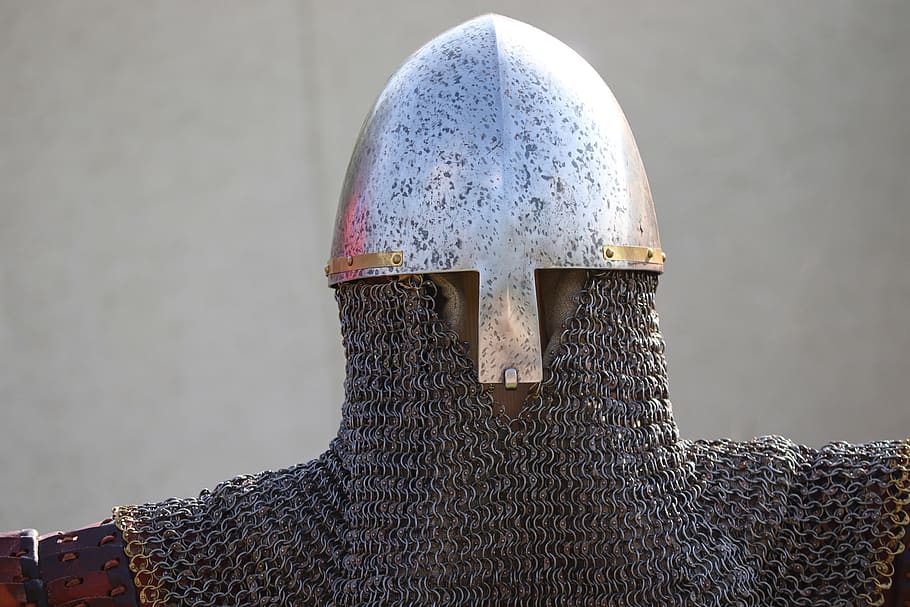 helm, chainmail, knight, armor, protection, metal, historically, fight, warrior, ritterruestung