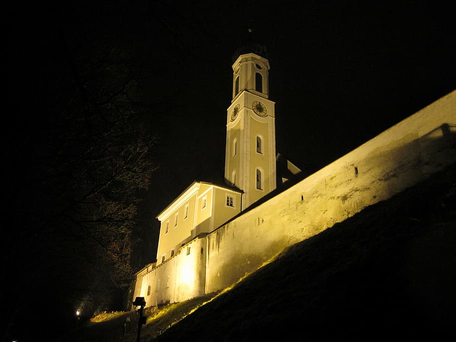 Schongau Alemanha, igreja fantasma, muralha da cidade, mosteiro, igreja do mosteiro, noite, parede, historicamente, igreja, construção