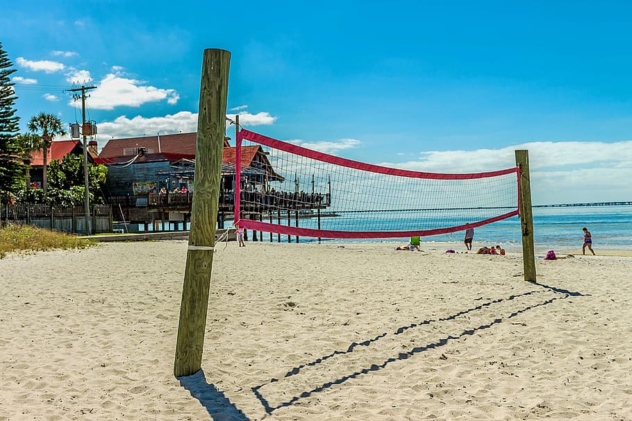 red, white, volleyball, net, beach, beach volleyball, open air, recreation area, sunny, sandy beach