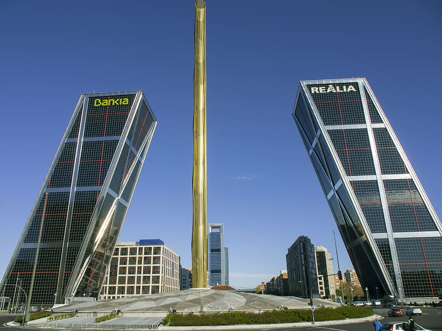 leaning towers, madrid, buildings, built structure, architecture, sky, city, modern, office building exterior, skyscraper