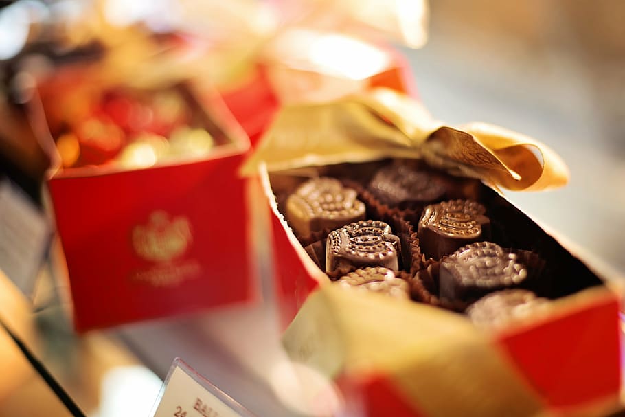 shallow, focus photography, yellow, red, box, chocolates, candy, crown chocolates, indulgence, confectionery