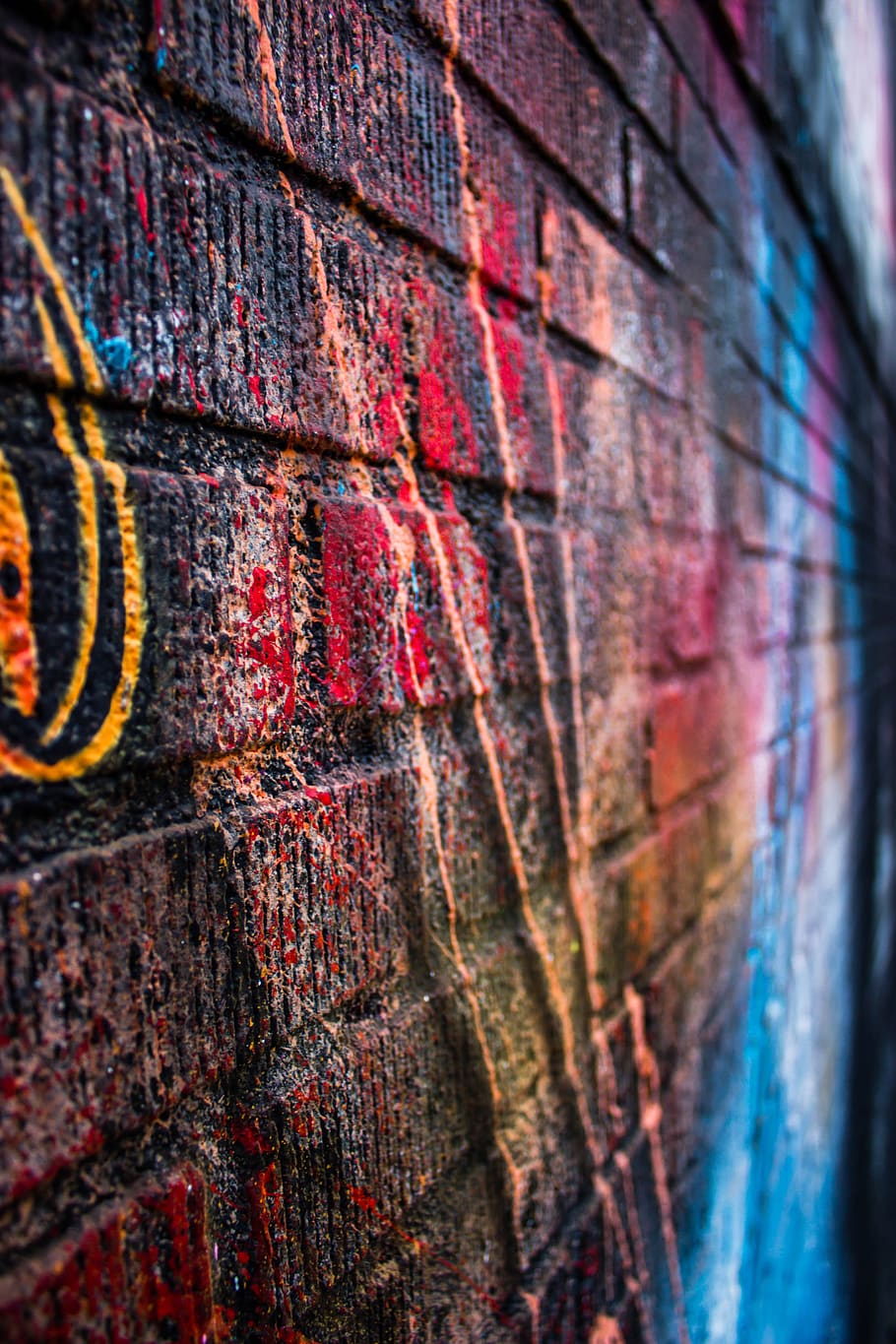 street, art, colors, colours, wall, bricks, gravity, spray paint, multi colored, textured
