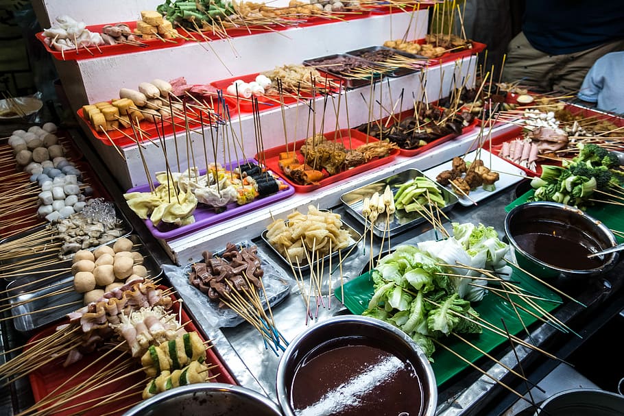 Malasia lok lok, caliente, ingredientes de la olla, Malasia, Lok Lok, olla caliente, ingredientes, asiático, comida callejera, comida