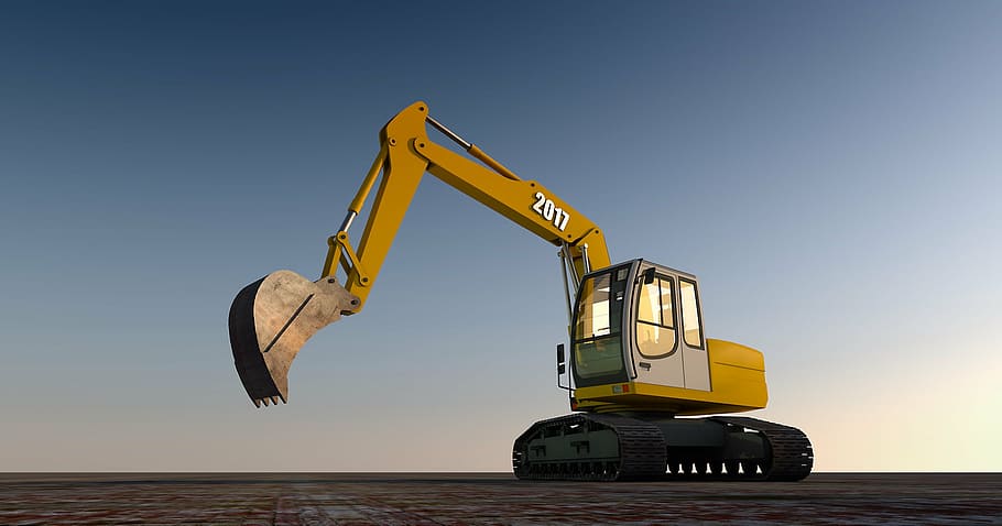 yellow, black, excavator, excavators, blade, construction machine, backhoe bucket, machine, wireframe, contour