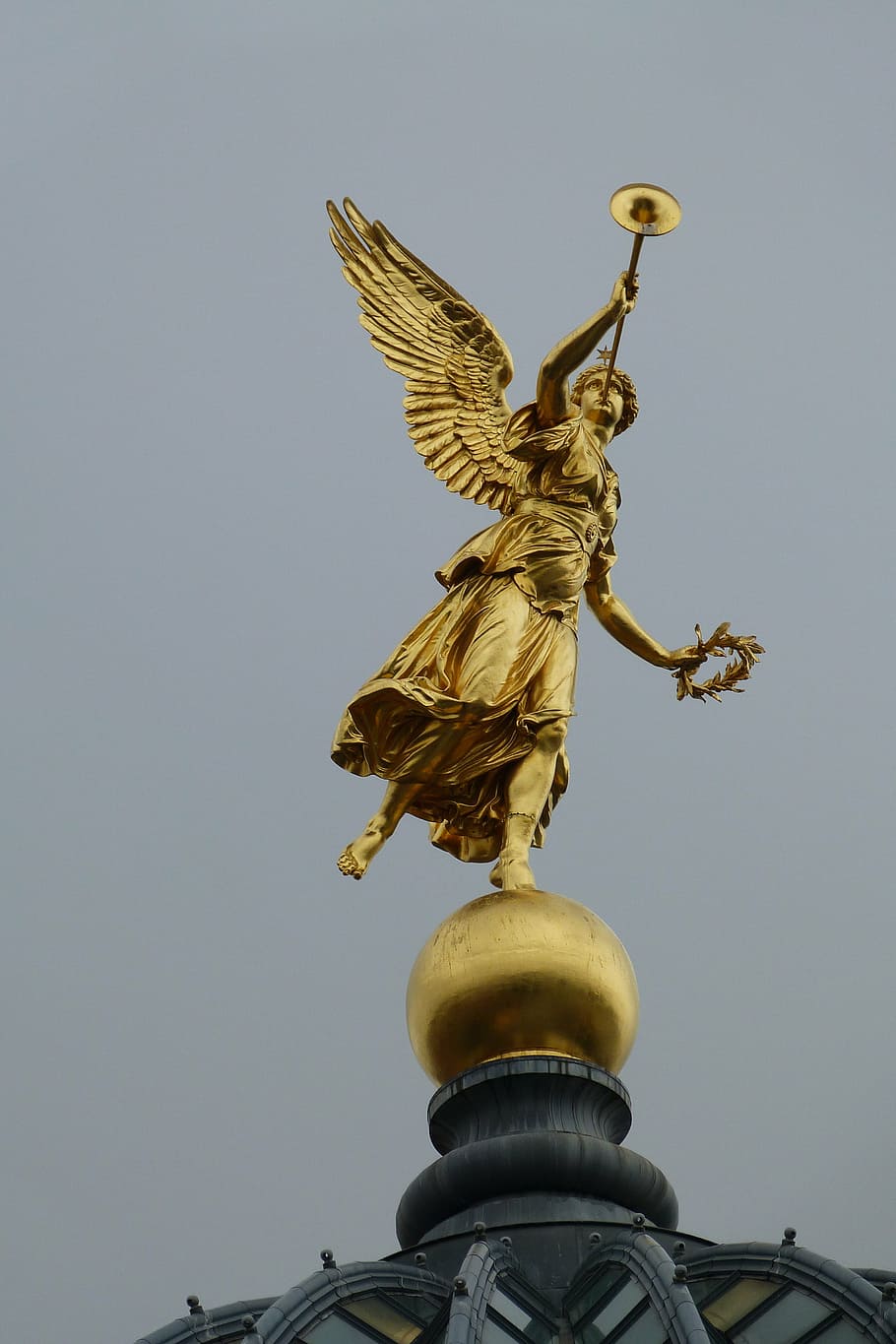 саксония, дрезден, город, ангел, крыло, золотой, труба, статуя, золотого цвета, золото