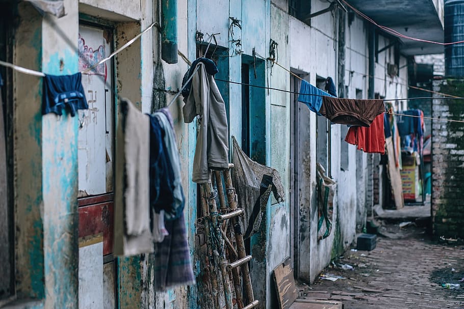 clothes, hanged, clothesline, houses, hanging, industry, stock, street, aftermath, asia