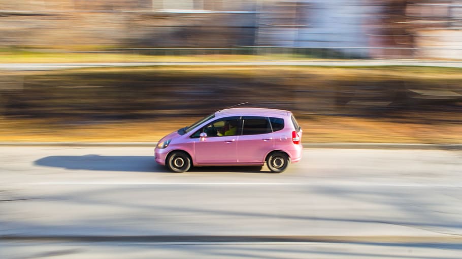 timelapse photography, pink, honda, fit, 5-door, 5- door hatchback, road, auto, car, machine