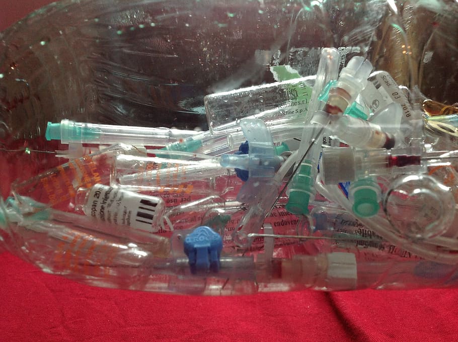 pile, clear, bottles, red, surface, syringes, injection, medical waste, blood, syringe