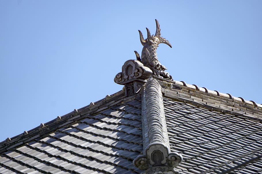 Japan, Tile, Building, Decoration, Roof, building decoration, japanese style, roof tile, low angle view, built structure