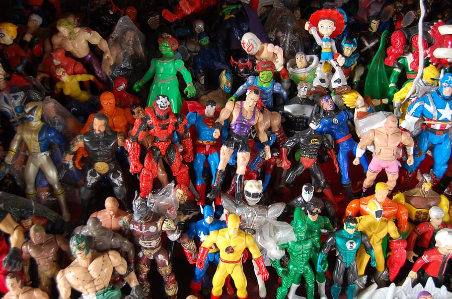 assorted action figures, used toys, plastic, flea market, antique, figures, children, batman, fiona, rey misterio