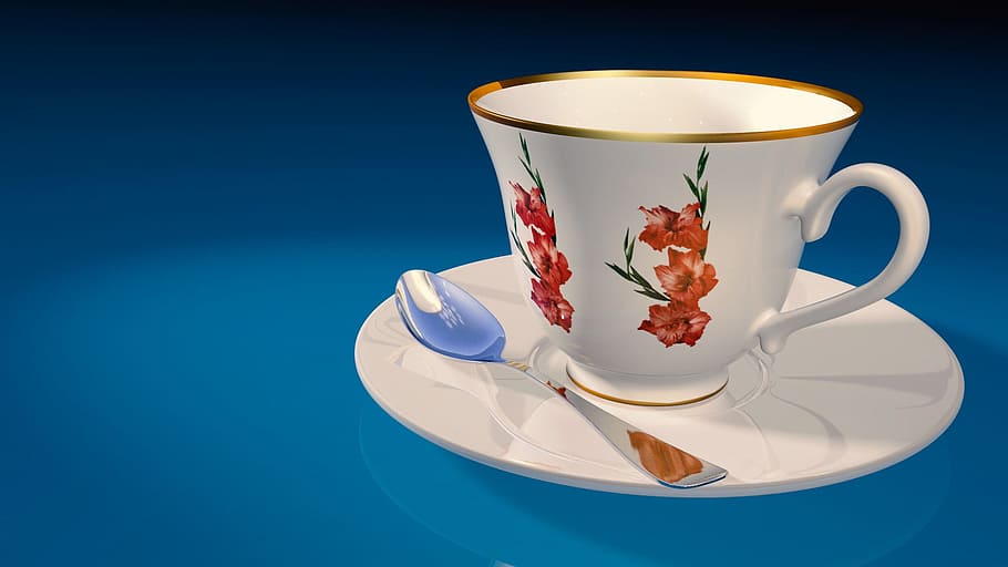 tea cup, teaspoon, saucer, 3d model, cup, drink, mug, blue, food and drink, crockery