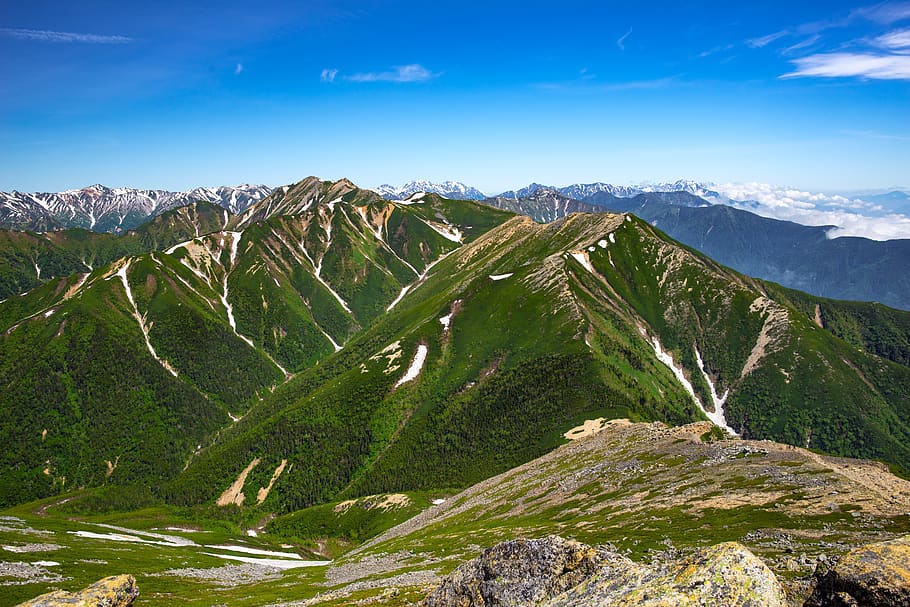 mountainous landscape, clear skies, mountain climbing, 大天井岳, elevation 2922m, the northern alps, green, natural, the chubu sangaku national park, nagano prefecture