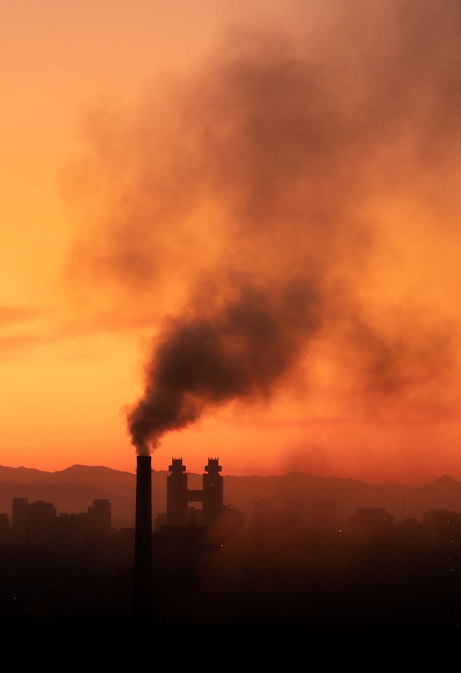 chimney, smoke, factory, sunrise, pollution, twilight, korea, building exterior, built structure, smoke - physical structure