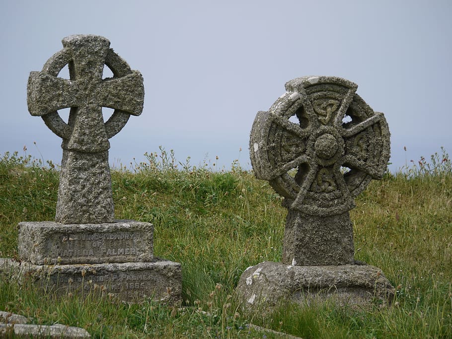 two, gray, concrete, tombstones, Celtic Cross, 19, Century, Tombstone, 19, century, moss